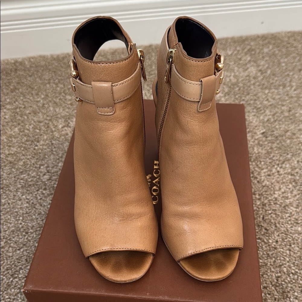 Coach Tan Peep-Toe Ankle Boots